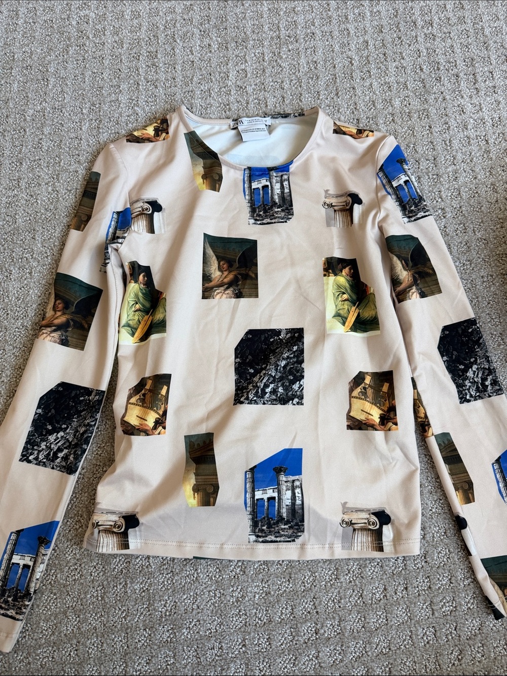 Zara Cream Long-Sleeve Tee with Multicolor Architectural Prints